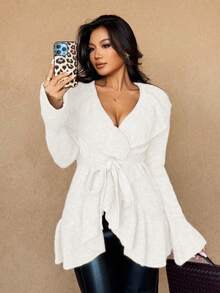 Islaluna Women's Basic Minimalist Elegant French Fashion Romantic Tie-Front Cardigan White Cardigan Woman White Knit Cardigan Cardigan With Tie Long Sleeve Cardigan Ruffle Trim Cardigan - Beige - View 3