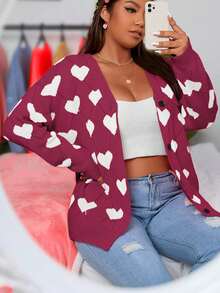 EURMUSE Plus Size Casual Heart Pattern Button-Up Cardigan, Autumn/Winter - Burgundy - View 1