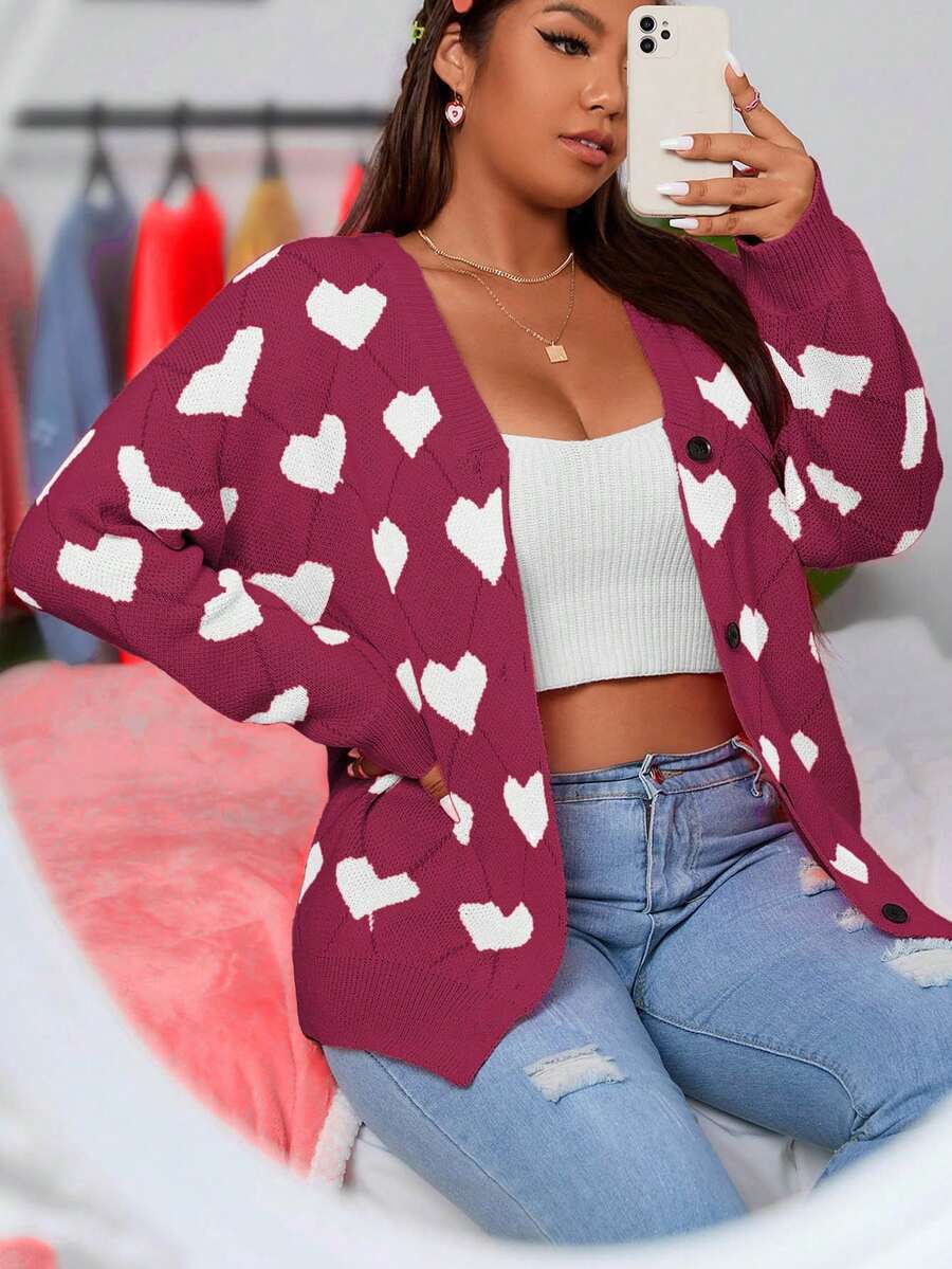 EURMUSE Plus Size Casual Heart Pattern Button-Up Cardigan, Autumn/Winter - Burgundy - View 1