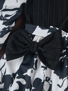 Tween Girl Elegant White Floral Long Sleeve Dress,Autumn Cocktail Ribbed Knit Color-Blocking Knee-Length Belted Voluminous Skirt With Large Bow Detail - Black and White - View 4