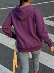 Elegante suéter con capucha para mujeres - bolsillo con capucha de extracción de cuerda, opcional en varios colores, adecuado para desplazamientos, vacaciones, uso universitario - Morado oscuro - Ver 3