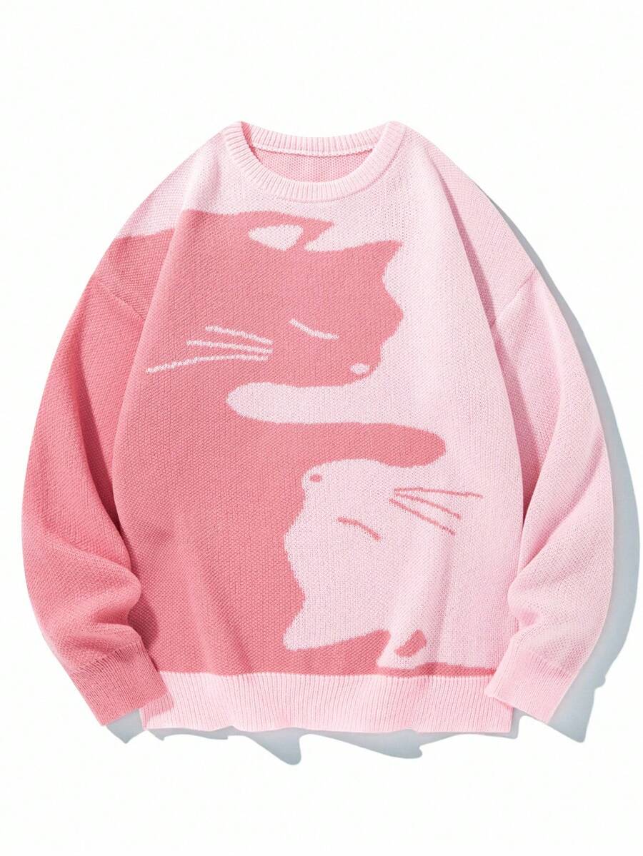 Chillumni Men's Cartoon Cat Print Crew Neck Loose Fit Casual Sweater, Autumn/Winter - Pink - View 1