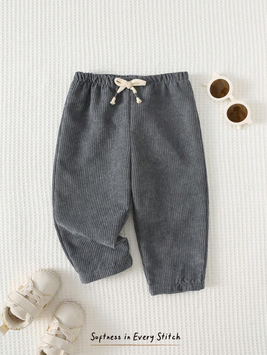 Cozy Pixies Baby Boy Elastic Waist Pants With Decorative Ribbon, Versatile & Comfortable - Grey - View 1