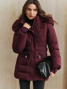 Anewsta Women's Burgundy Hooded Detachable Faux Fur Collar Cinched Waist Short Padded Coat - Burgundy - View 6