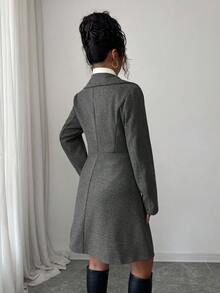 SHEIN PETITE Áo khoác len dài tay ôm sát, cổ bẻ, dáng xòe, thời trang thu/đông cho nữ - Màu xám đen - Xem 2