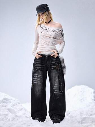 Grunge Punk جينز أمريكي بقصة واسعة للنساء مزين بطباعة الصليب والحرف من طراز Y2K الرجعي للألفية