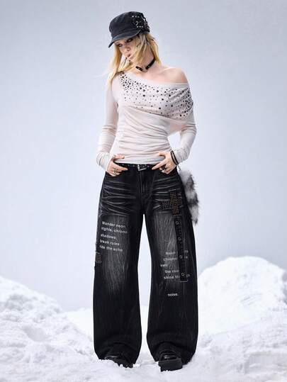 Grunge Punk Jeans évasés américains pour femmes avec imprimé croix et lettres, style rétro Y2K Millennium Baddie