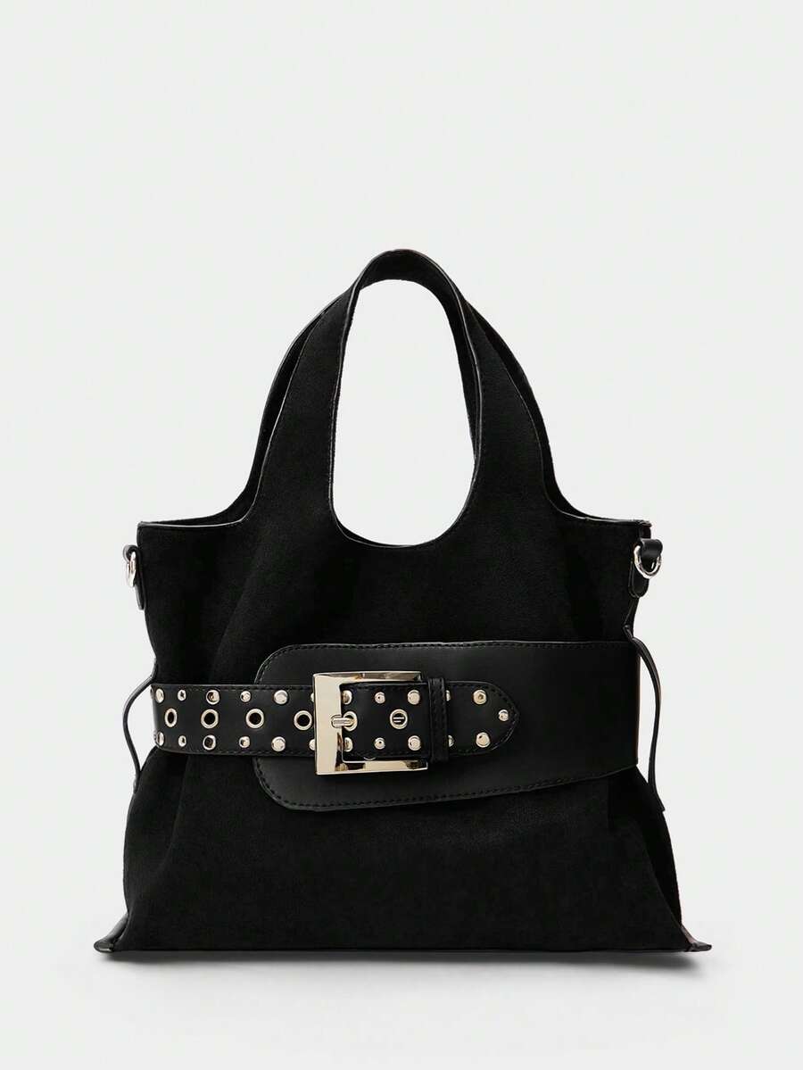 SHECARRY Ladies Fashion Rivet Pin Buckle Strap Decorative Handle Bag