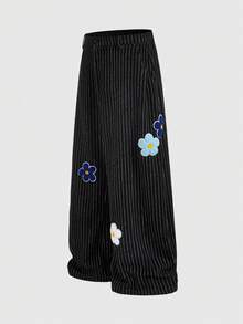 ROMWE MEN Street Life Men's Casual Street Floral Wool Blend Cropped Pants, Autumn/Winter - Black - View 3