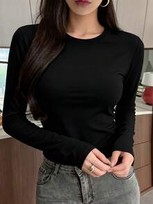 DAZY 女士休闲纯色保暖长袖T恤，秋冬季 - 黑色 - 查看 4