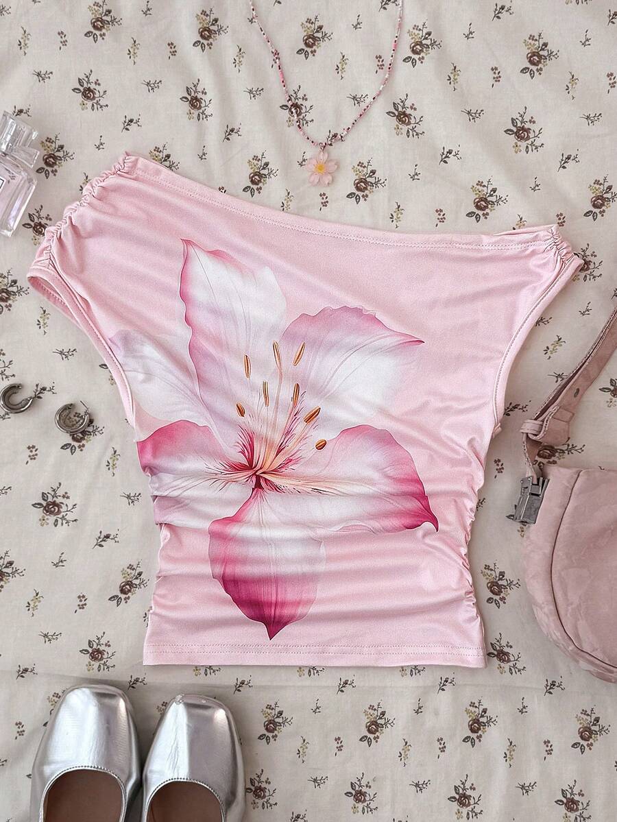 SHEIN 少女度假风碎花不对称肩部弹力短袖褶皱腰身上衣 - 彩色 - 查看 1
