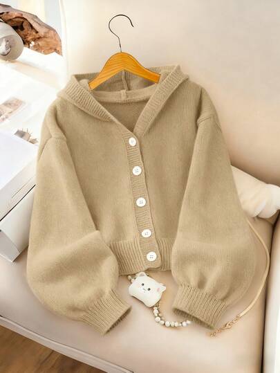 SHEIN 女童时尚休闲清新短款纯色连帽针织开衫毛衣，秋冬季