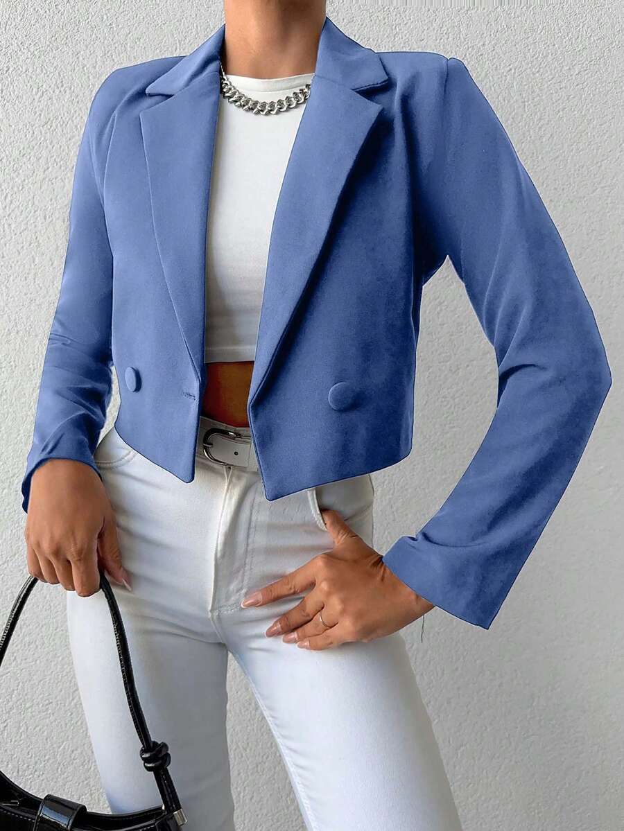 SHEIN Cottnline Women's Solid Color Long Sleeve Two-Button Short Casual Blazer - Blue - View 1