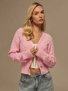 Glamine Áo khoác cardigan dệt kim xoắn tay dài cài một hàng khuy đơn giản dành cho nữ, Thu/Đông - Hồng - Xem 3