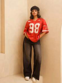 Rayane Ketlyn Maglia da baseball da donna in stile vintage, in rete traspirante con grafica a numeri, per primavera/estate, per uscire e per festival - Rosso - Visualizzare 4