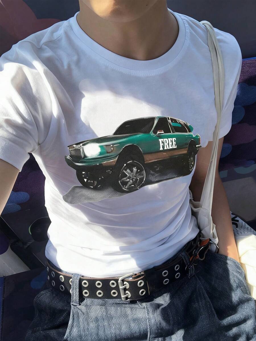 Manfinity Dauomo 男士休闲汽车印花短袖T恤，夏季 - 白色 - 查看 1