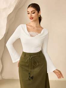 Modelyn Blusa de manga larga ajustada con parches de encaje - Blanco - Ver 7