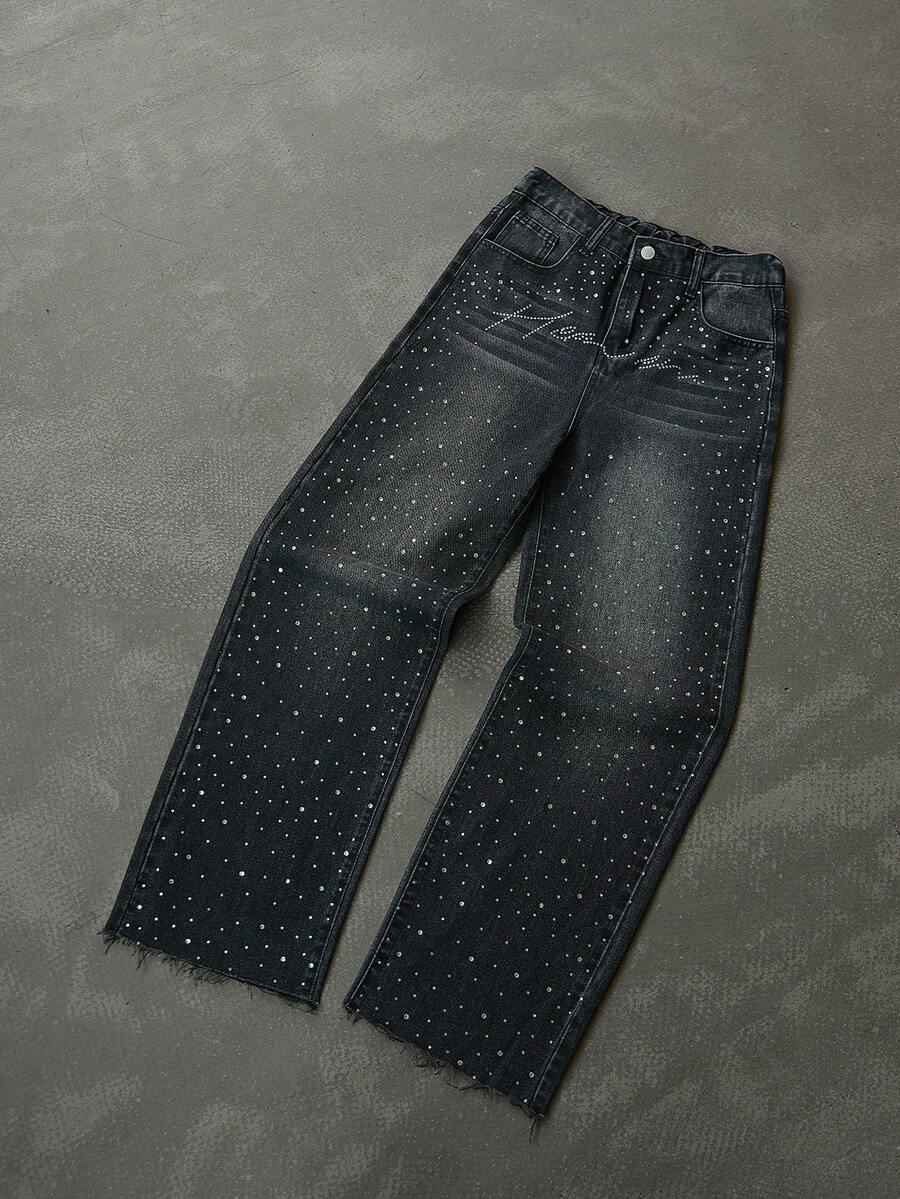 Teen Boy Fashion Casual Y2k Vintage Cool Street Returns To School College Basic Simple Comfortable Street Sparkling Letter Hot Diamond Design Denim Loose Jeans Soft Dailywear And Winter And Fall Rave Festival And Streetwear - Black - View 1