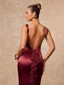 Lumalex Vestido feminino elegante de cor sólida com decote nas costas e barra em cauda de sereia. - Borgonha - Ver 2