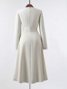 Franclia 优雅珍珠装饰圆领长袖收腰喇叭下摆连衣裙，杏色，春秋 - 杏色 - 查看 2