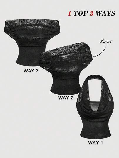 SHEIN MOD 1pc Women's Lace Ruched Fitted Fashion Black See Through Top For Concert,1 Top 3 Ways, Festival, Beach, Daily, Boho, Y2K, Going Out Tops, Western, Halter Tops, ,, New Year Look, Black Lace Tops, Party Top, Beach, Streetwear Women,Country, Vintage Tops Women, Spring/Summer, 3 Ways Top,Black Top,Sexy Top, Valentine Outfits For Women, Spring Dress Women