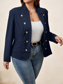 Chikora Áo khoác tay dài hai hàng khuy kim loại cỡ lớn dành cho nữ mùa thu - Màu xanh lam - Xem 6