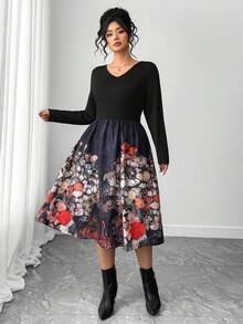 SHEIN Elenzya 女士大码优雅印花秋季连衣裙 - 黑色 - 查看 7