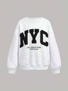SHEIN Girlism Trang phục thường ngày cho bé gái tuổi teen - Áo nỉ cổ tròn màu xám nhạt dáng rộng in chữ NYC, kết hợp với quần legging in họa tiết bó sát - Xám - Xem 5