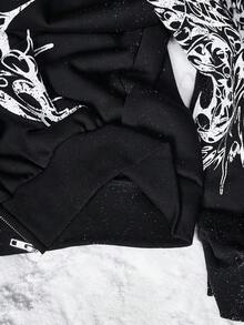 ROMWE EDITION Oversized Thorn Print Zip-Up Sweatshirt For Women - Black - View 8