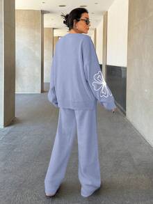 EURMUSE Conjunto de pantalón y suéter con cuello redondo, hombros caídos y estampado de flores de unicolor para mujer - Multicolor - Ver 4