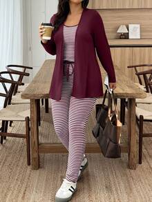 EMERY ROSE Plus Size Solid Color Long Sleeve Jacket And Striped Print Tank Top With Tie Front Pants 2 Pieces Set - Burgundy - View 1