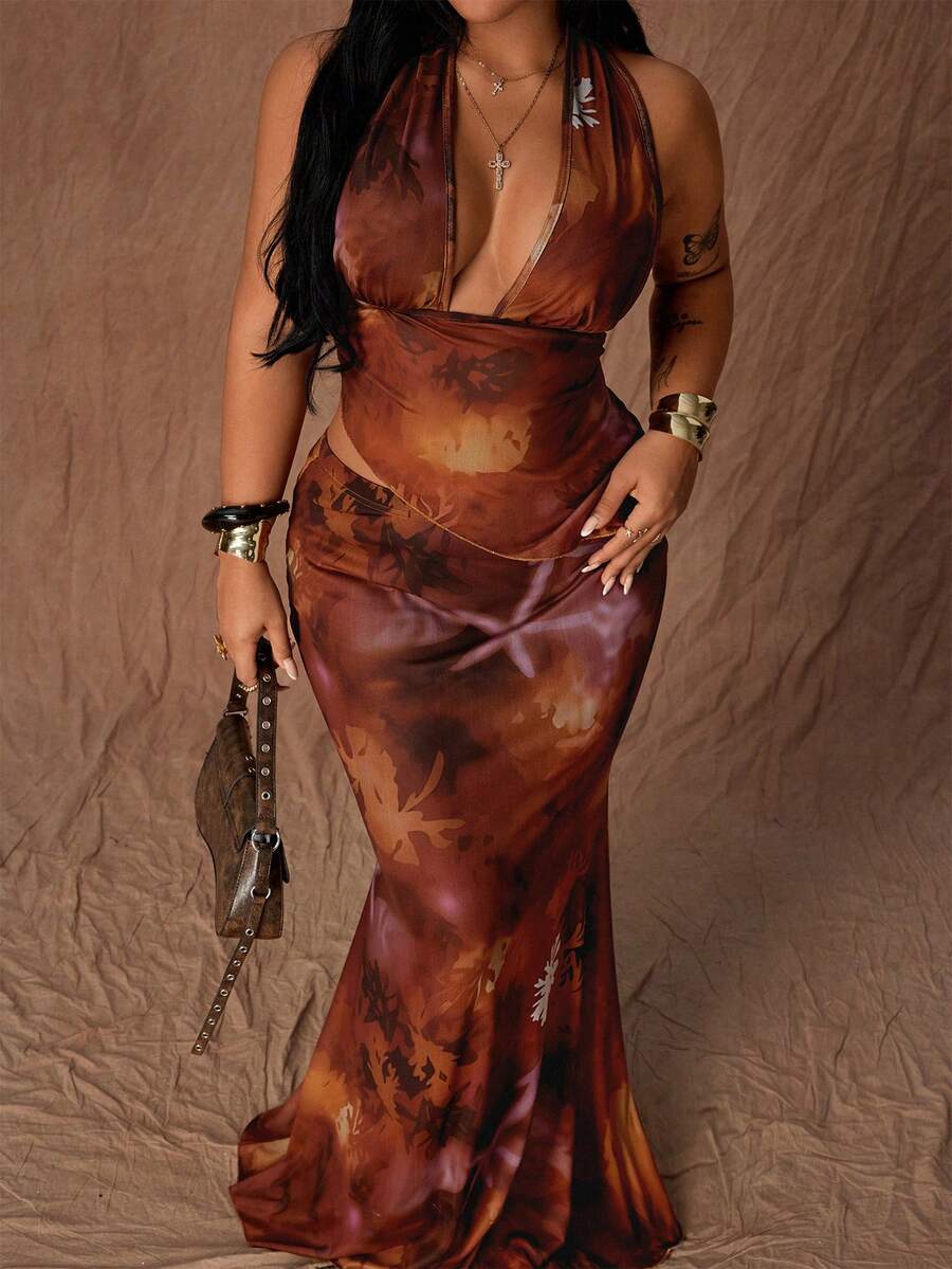 Rustia 2pcs/Set Fashionable Autumn Spaghetti Strap Sexy Sleeveless Top And Bodycon Mermaid Midi Skirt Set - Multicolor - View 1