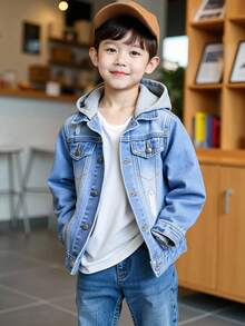 男童牛仔夹克外套，新款秋冬针织拼接连帽设计，浅蓝色水洗牛仔修身版型，做旧破洞，百搭日常休闲风，针织连帽牛仔夹克，适合多种秋冬场合穿着 - 中等水洗藍 - 查看 1