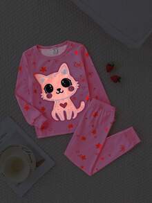 2pcs Girls Cute Cat & Heart Glow-In-The-Dark Print Snug Fit Pajama Set, Long Sleeve Top And Pants