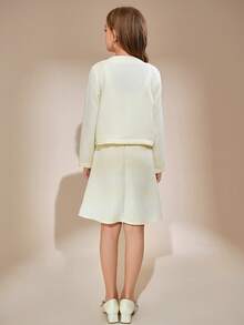 Váy hai dây không tay vải tuýt màu trắng sang trọng dành cho bé gái từ 8-12 tuổi + Áo khoác lửng dài tay nhẹ, được trang trí bằng nơ xinh xắn và cúc ngọc trai, vải mềm mại, thoáng khí cho mùa xuân/hè, trang phục thanh lịch, hợp thời trang cho các bữa tiệc và mặc hàng ngày - Màu be - Xem 2