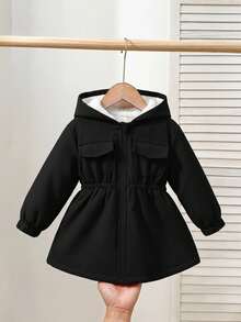 معطف أنيق من الفليس ذو قلنسوة من الكوردروي الأسود للبنات الصغيرات، للخريف والشتاء - الأسود - مشاهدة 3