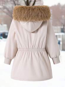 女童休闲日常通勤拉链拼接仿毛皮连帽保暖羽绒服，秋冬季 - 卡其色 - 查看 2