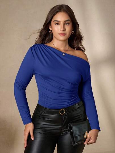 Chikora Plusstorlek Dam Elegant Enfärgad Sned Axlad Rynkad Långärmad Topp, Höst