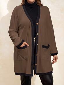 Chikora 大码女式优雅舒适金属纽扣长款保暖开衫，黑白配色，适合秋季穿着，女士防风外套，商务休闲女装 - 駝色 - 查看 5