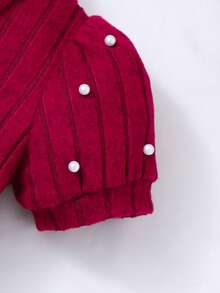 Girls' Retro Sweet Vertical Striped Dress, Collar Pearl Button Waist Pleated Skirt (With Lace Chain Pearl Small Bag) - Burgundy - View 10