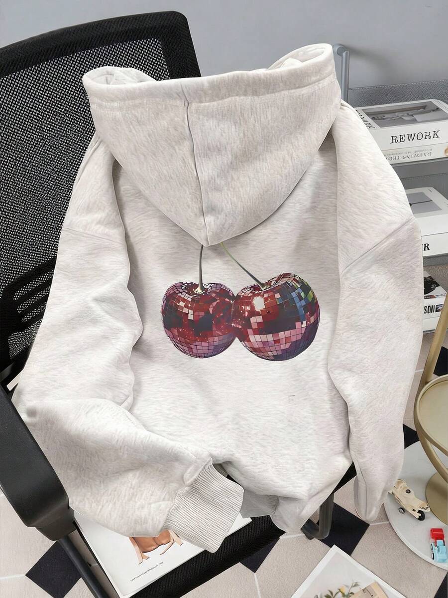 Resyla 女士樱桃印花拉链卫衣，休闲外套，适合教师、返校、毕业、日常穿着、冬季穿着，时尚百搭，灰色 - 淺灰色 - 查看 1