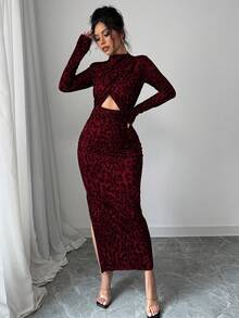 Elenzga 新款女士长裙，度假性感风，立领，长袖，腰部褶皱，镂空设计，开衩下摆，优雅百搭，显瘦显瘦，高品质女士长裙 - 酒紅色 - 查看 5