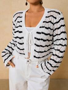 SHEIN VCAY Plus Size Fashionable Contrast Striped Tie-Front Cropped Cardigan/Winter - Black and White - View 3