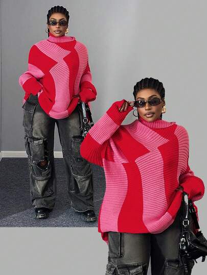 Maweii Women's Street Style Red Pink Christmas Vacation Retro Casual Modern Long-Sleeved High-Neck Asymmetrical Striped Color Block Plus Size Pullover Sweater Checkered Plus Size Cozy Jumper Tops, Spring Fall Winter