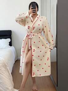 Dream Adore Plus Size Women Red Plaid Patchwork Lapel Heart Print Long Robe Heart Print Robe Pajamas Gown For Woman Suitable For Valentine's Day - Apricot - View 5