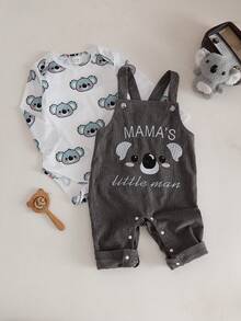 SHEIN 新生男婴可爱动物印花全覆盖信封领连体衣配休闲灯芯绒围兜裤套装，长袖，长裤，秋冬