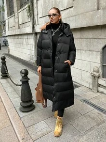 Muchica Plus Size Black Hooded Long Drawstring Waist Coat, Autumn/Winter Fall - Black - View 6