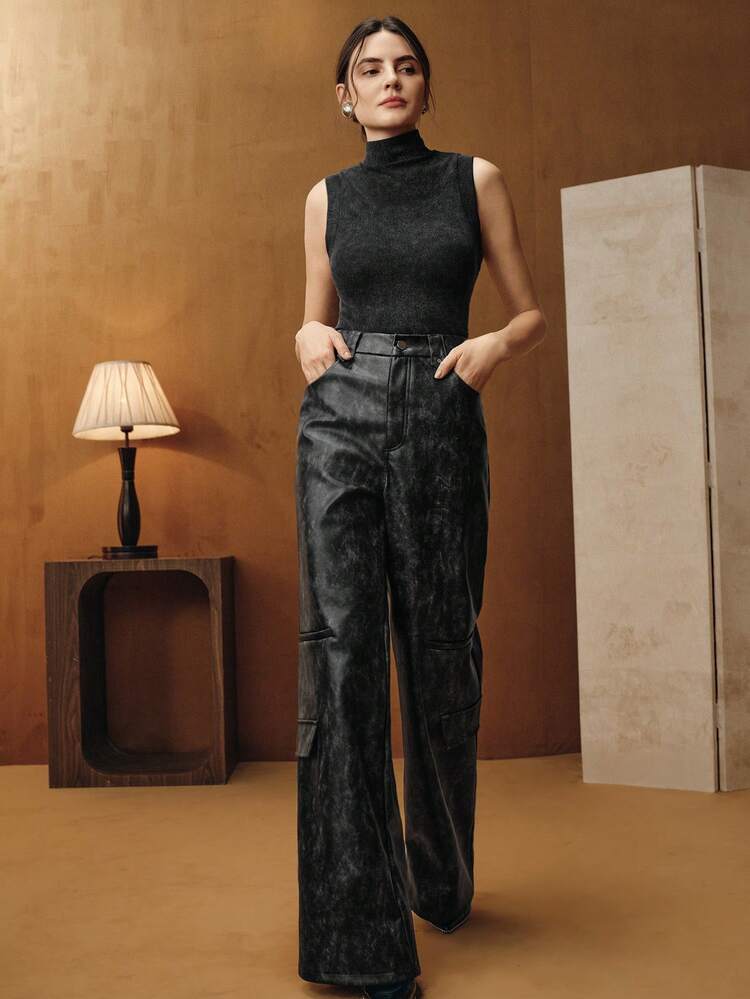Women's Autumn/Winter Long PU Leather Cargo Pants, Elegant, Formal, Party, Chic, Suitable For New Year, Christmas, Work, Graduation
