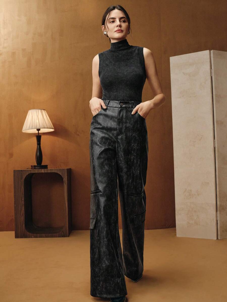 Anewsta 女士秋冬长款PU皮工装裤，优雅、正式、派对、时尚，适合新年、圣诞节、工作、毕业典礼等场合。 - 灰色 - 查看 1