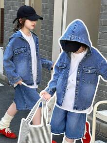 SHEIN Denimly Tween 女童学院风休闲日常都市街头牛仔连帽开衫，宽松舒适百搭简约百搭